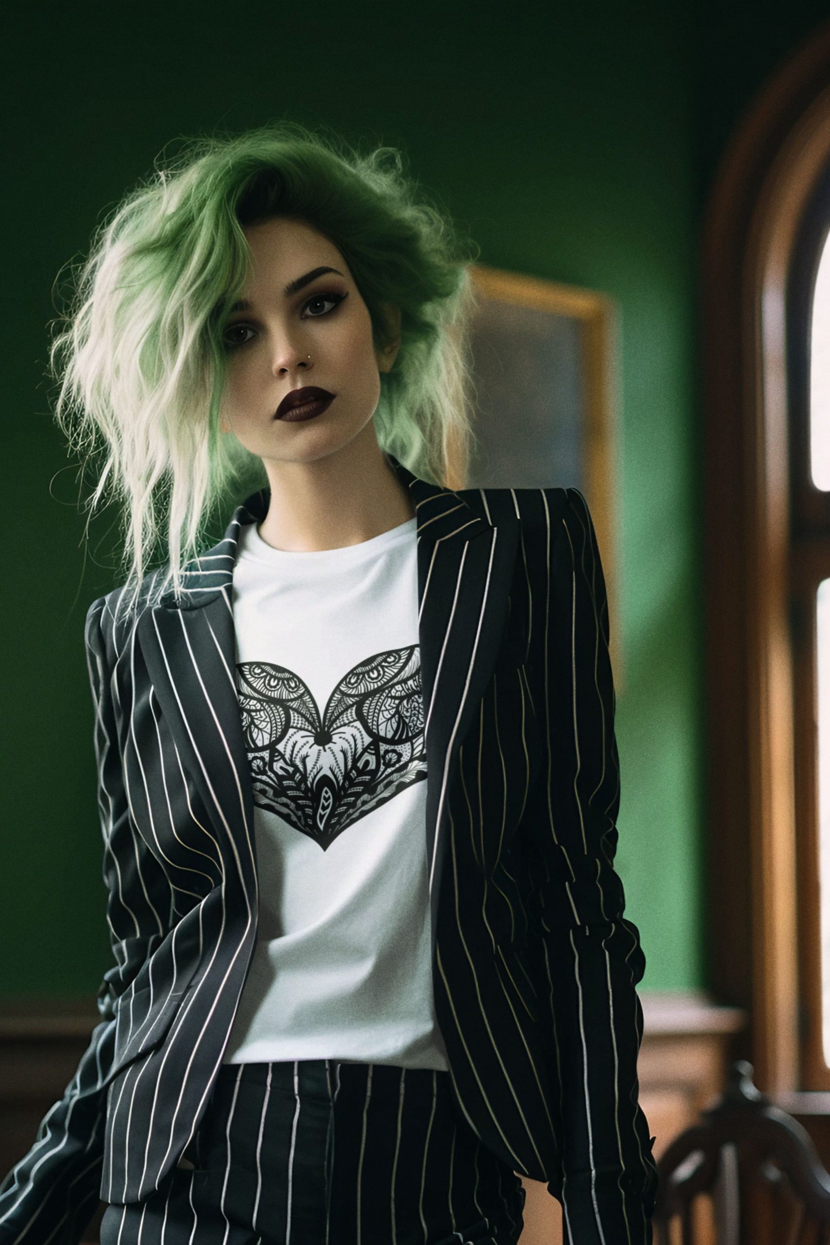 Woman model showcasing a White Tee with the 'Mystical Heart' illustration – a striking black heart design, blending modern art with classic style for a bold fashion statement.