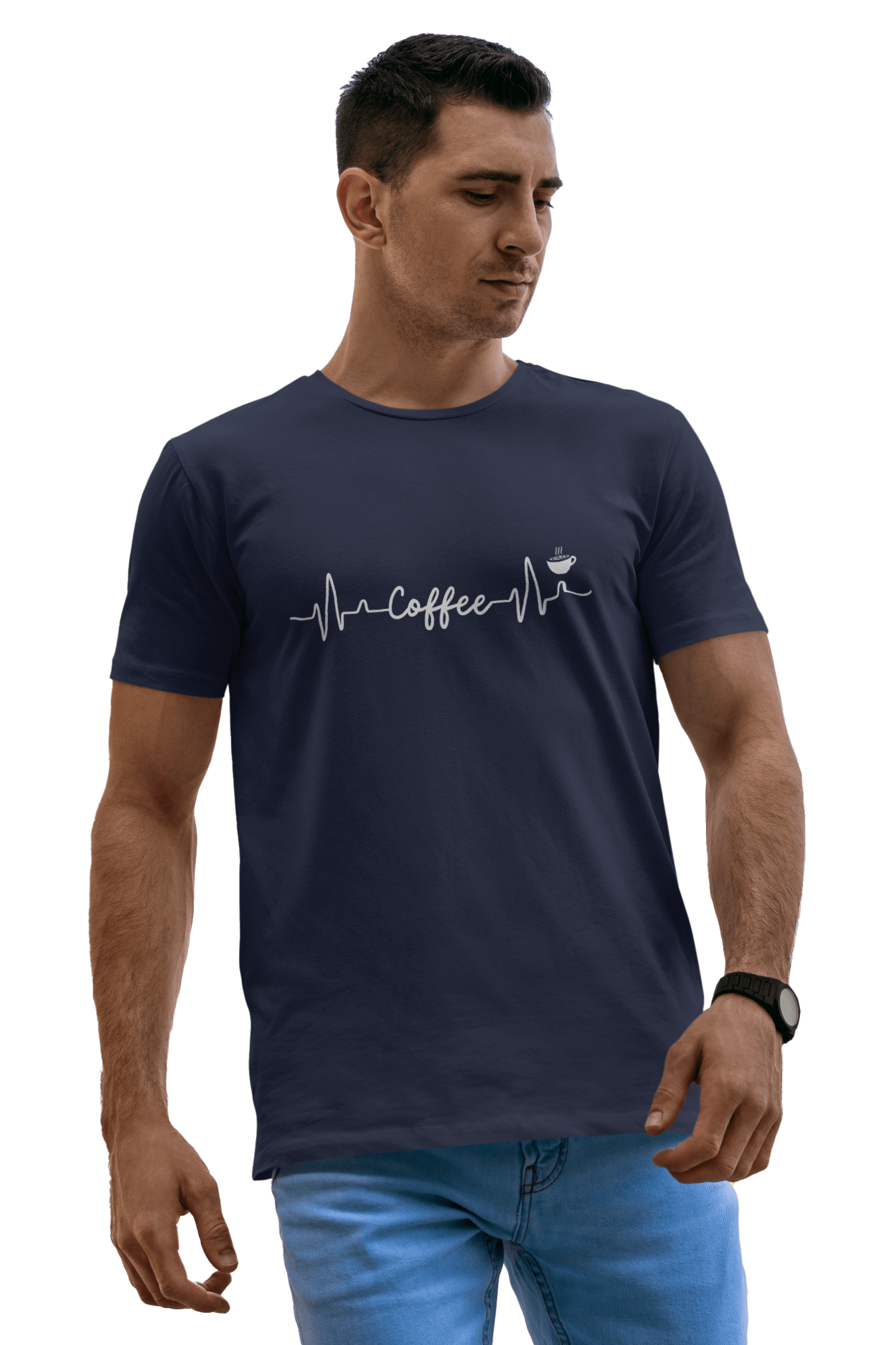 Men's Navy Blue 'Coffee Lover' Tee featuring a unique heartbeat and coffee cup illustration, perfect for coffee enthusiasts who want to express their passion through fashion, presented by model.