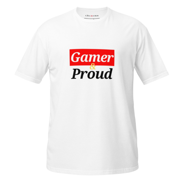 Men's White T-Shirt with 'Gamer and Proud' text on the tee, showcasing a proud declaration for gaming enthusiasts, combining comfort and gaming culture in a stylish design.