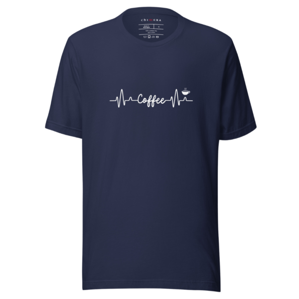 Men's Navy Blue 'Coffee Lover' Tee featuring a unique heartbeat and coffee cup illustration, perfect for coffee enthusiasts who want to express their passion through fashion.