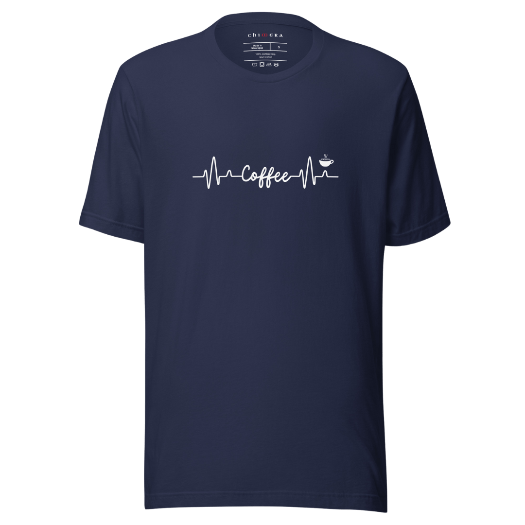 Men's Navy Blue 'Coffee Lover' Tee featuring a unique heartbeat and coffee cup illustration, perfect for coffee enthusiasts who want to express their passion through fashion.