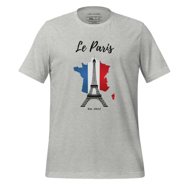 Men's 'Le Paris' Tee from the Chimera City Collection in Heather Grey, adorned with a detailed illustration of the Eiffel Tower and France map, merging cultural pride with contemporary fashion.