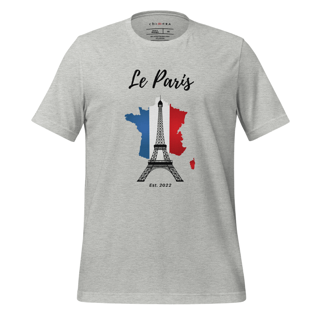 Men's 'Le Paris' Tee from the Chimera City Collection in Heather Grey, adorned with a detailed illustration of the Eiffel Tower and France map, merging cultural pride with contemporary fashion.