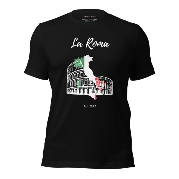 Men's 'La Roma' Tee from the Chimera City Collection in Black, featuring intricate Colosseum and Italy map illustrations, blending historical elegance with modern style for a unique fashion statement.