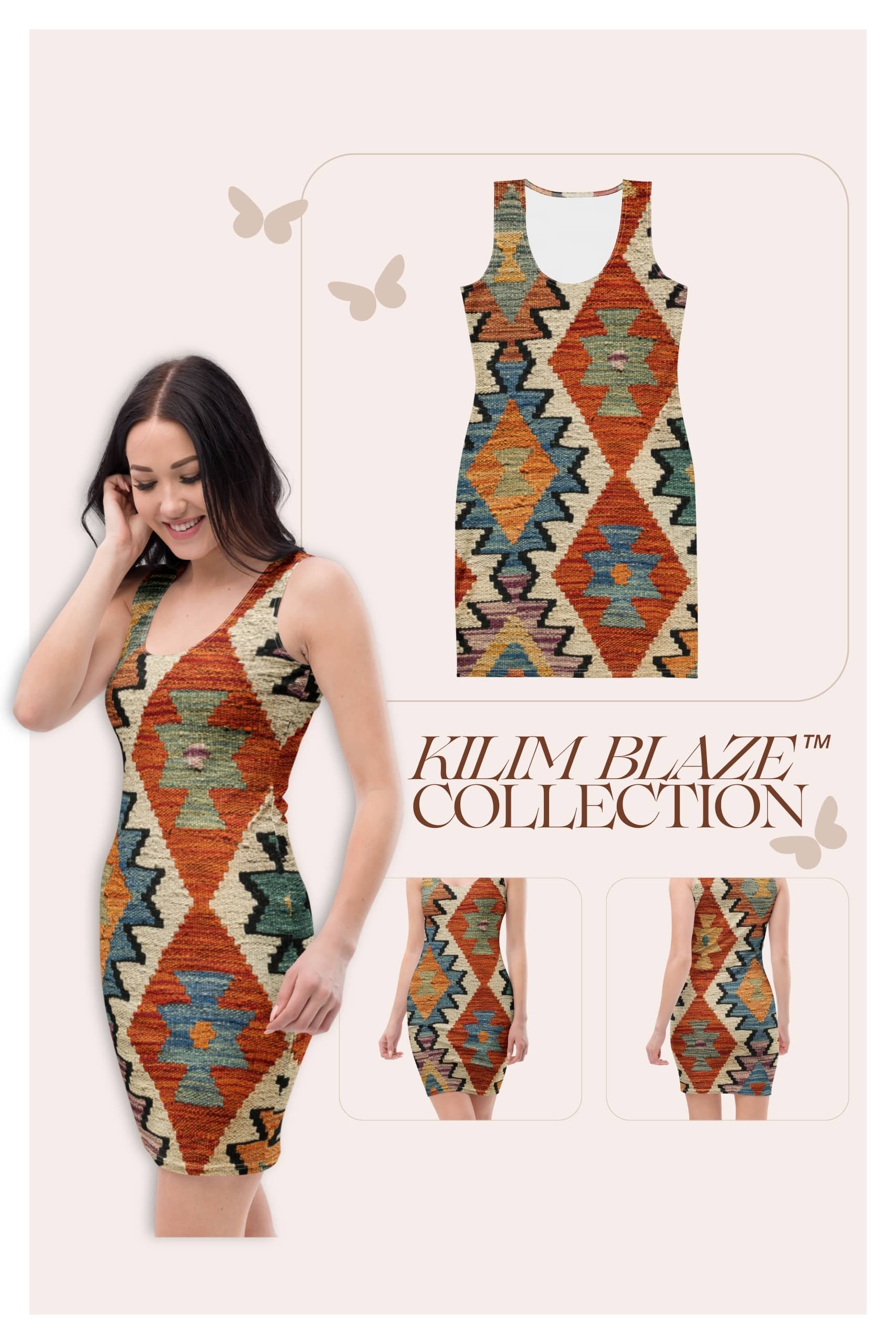 Chimera Pro Kilim Blaze bodycon midi dress - geometric tribal print in vibrant colors - sleeveless U-neck - model other side look - full dress visuals