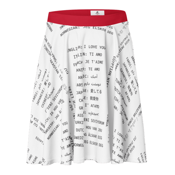 Chimera Pro LUXE LINGUA™ skater skirt – white flared mid-thigh skirt with “I love you” in 18 languages including Arabic, Japanese, Farsi, and Egyptian hieroglyphs - Front-side close shot of the product