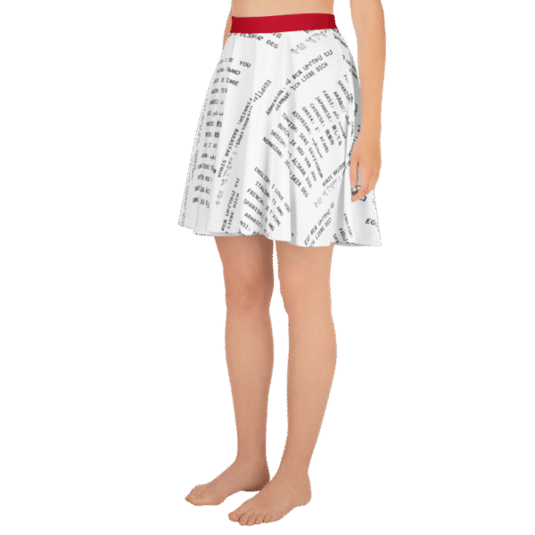 Chimera Pro LUXE LINGUA™ skater skirt – white flared mid-thigh skirt with “I love you” in 18 languages including Arabic, Japanese, Farsi, and Egyptian hieroglyphs - left-side close shot of the model