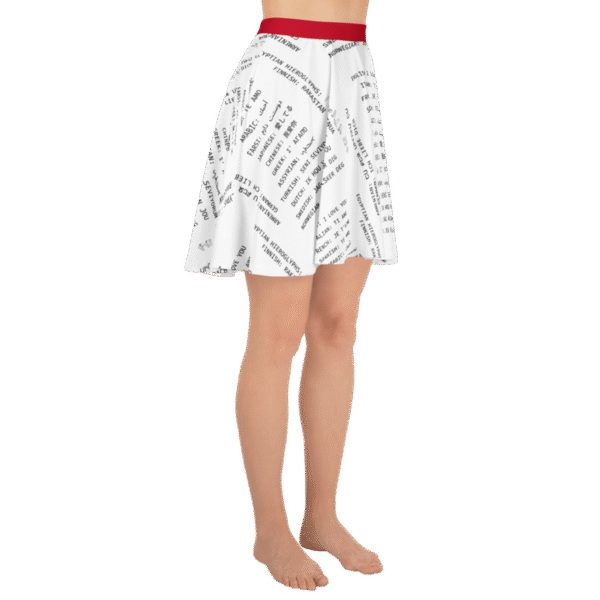 Chimera Pro LUXE LINGUA™ skater skirt – white flared mid-thigh skirt with “I love you” in 18 languages including Arabic, Japanese, Farsi, and Egyptian hieroglyphs - right-side close shot of the model