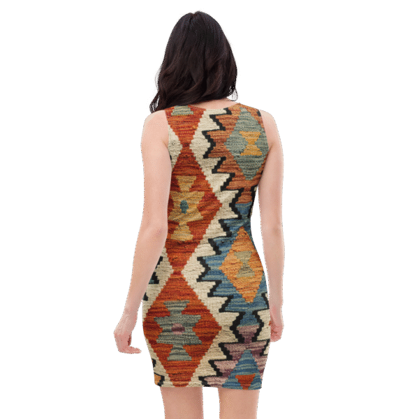 Chimera Pro Kilim Blaze bodycon midi dress - geometric tribal print in vibrant colors - sleeveless U-neck - model back look
