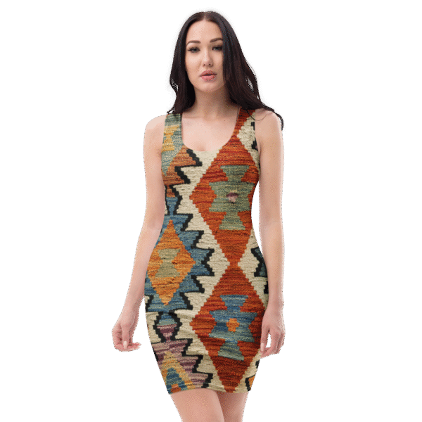 Chimera Pro Kilim Blaze bodycon midi dress - geometric tribal print in vibrant colors - sleeveless U-neck - model front look