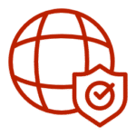 Red icon representing the globe, internet and compliance check mark.